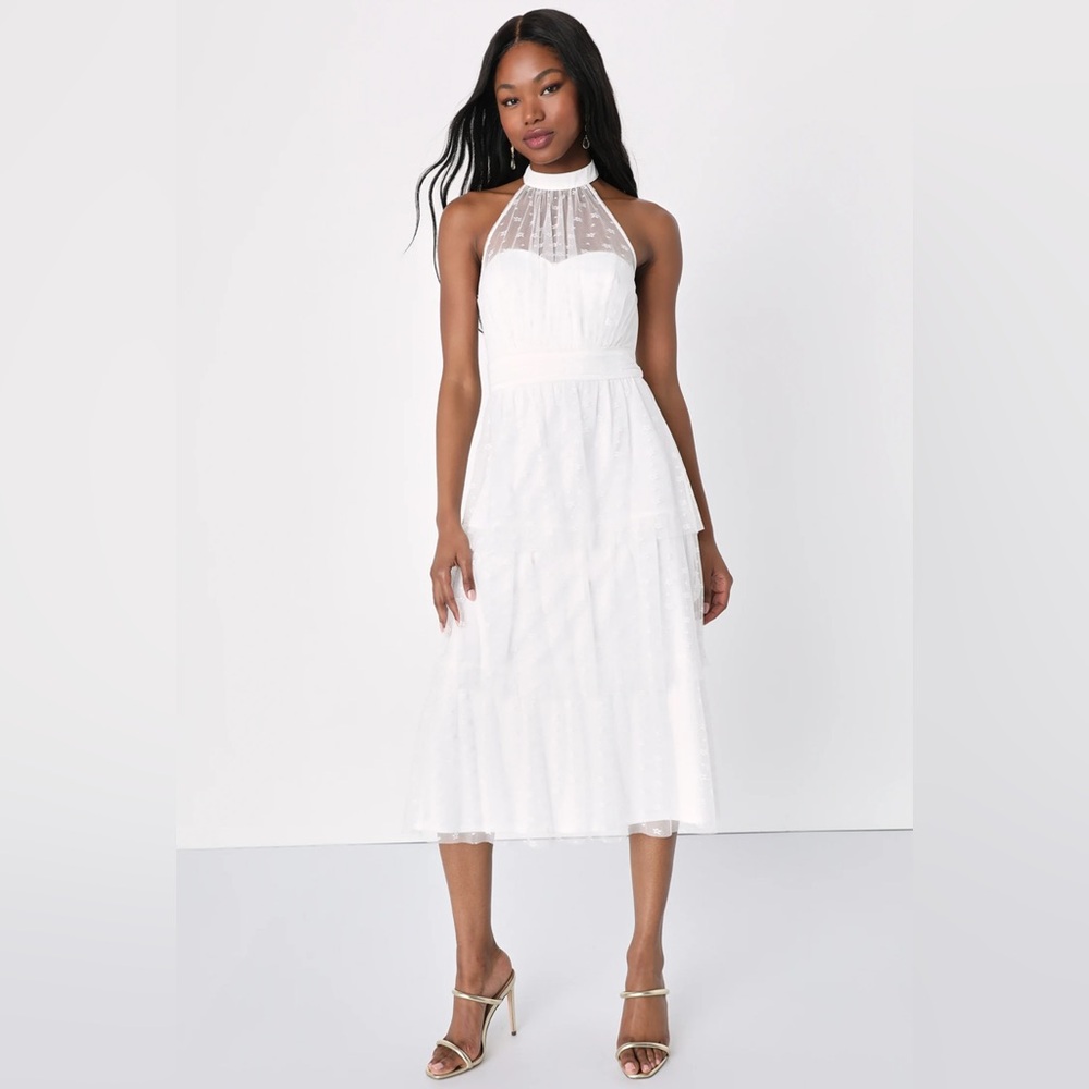 NWT Lulu's Positively Precious White Floral Mesh Tiered Halter Midi Dress, XS
